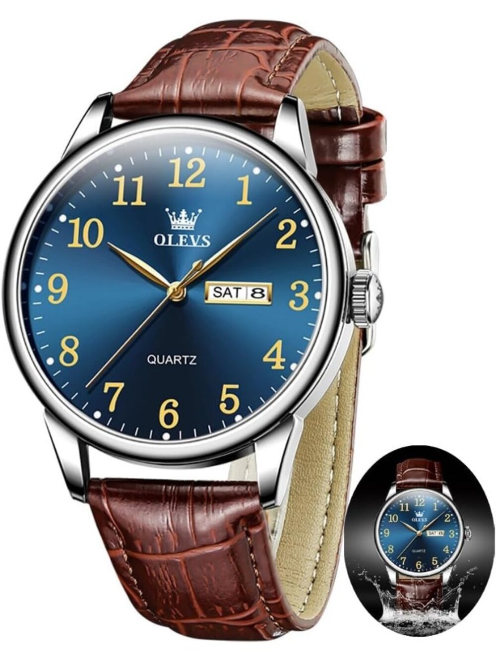 OLEVS Men's Brown Blue Leather Watch Easy Read Large Face Calendar Quartz Style